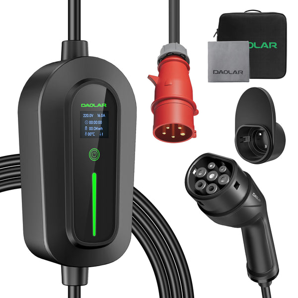 Daolar Sähköauton laturi 11kW CEE-pistokkeella | Kannettava 3-vaihe Type-2 latauskaapeli, Ajastin 0-8h, Säädettävä virta 6-16A, IP65 Säänkestävä