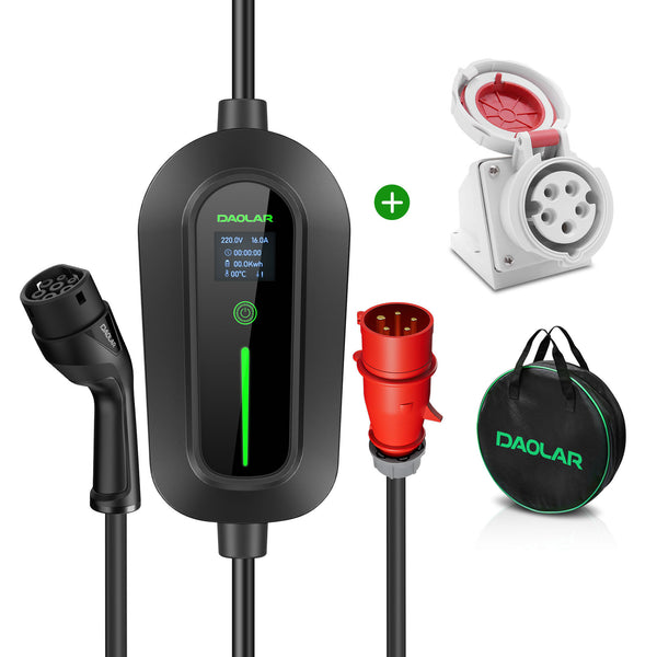 Daolar 11kw portable ev charger 3 phase 16a type 2 electric vehicle charger, 8h schedule charging, adjustable current charging station with cee plug