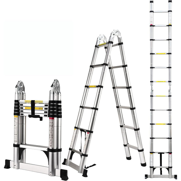 Daolar Scala telescopica in alluminio con telaio a A con barra di equilibrio e ruota mobile, scala resistente che dura 150 kg per uso domestico, esterno